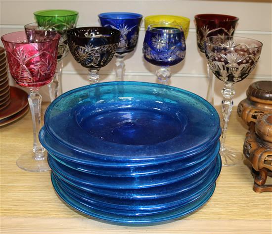 A set of hock glasses and a set of glass plates